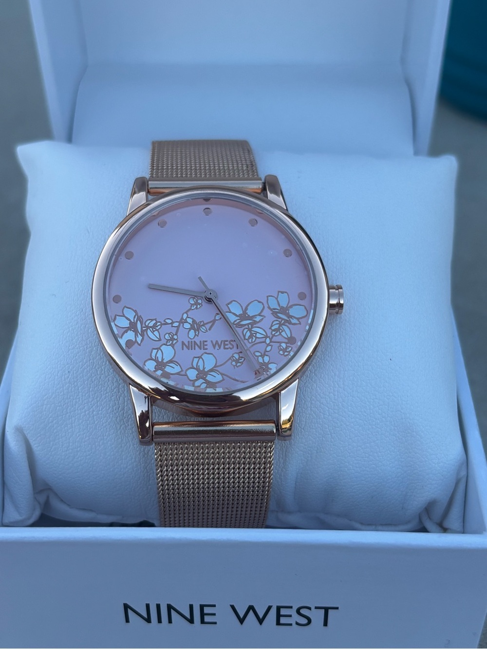 Nine West Rose Gold Mesh Bracelet Watch with Pink Floral Dial